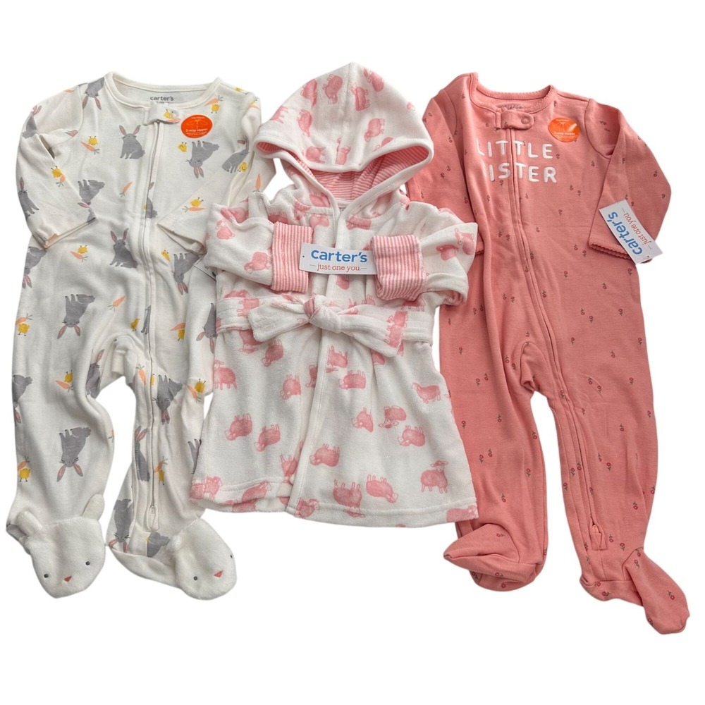 Carters 3-Piece Baby‎ Girl Clothing Set 0-9M Hooded Towel Zip-Up Sleepers Bundle